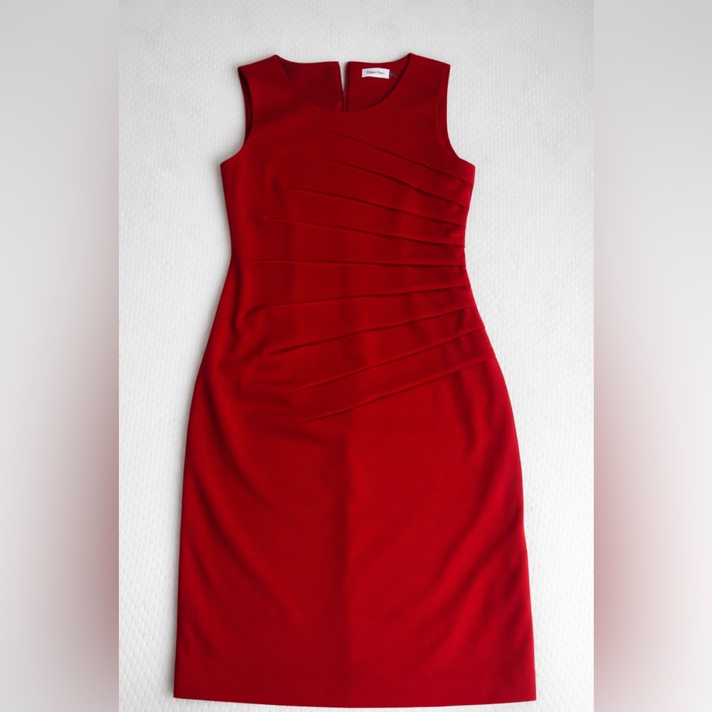 Calvin Klein Red Sheath Dress Size 10 | Ruched Career Cocktail Midi - Picture 2 of 4